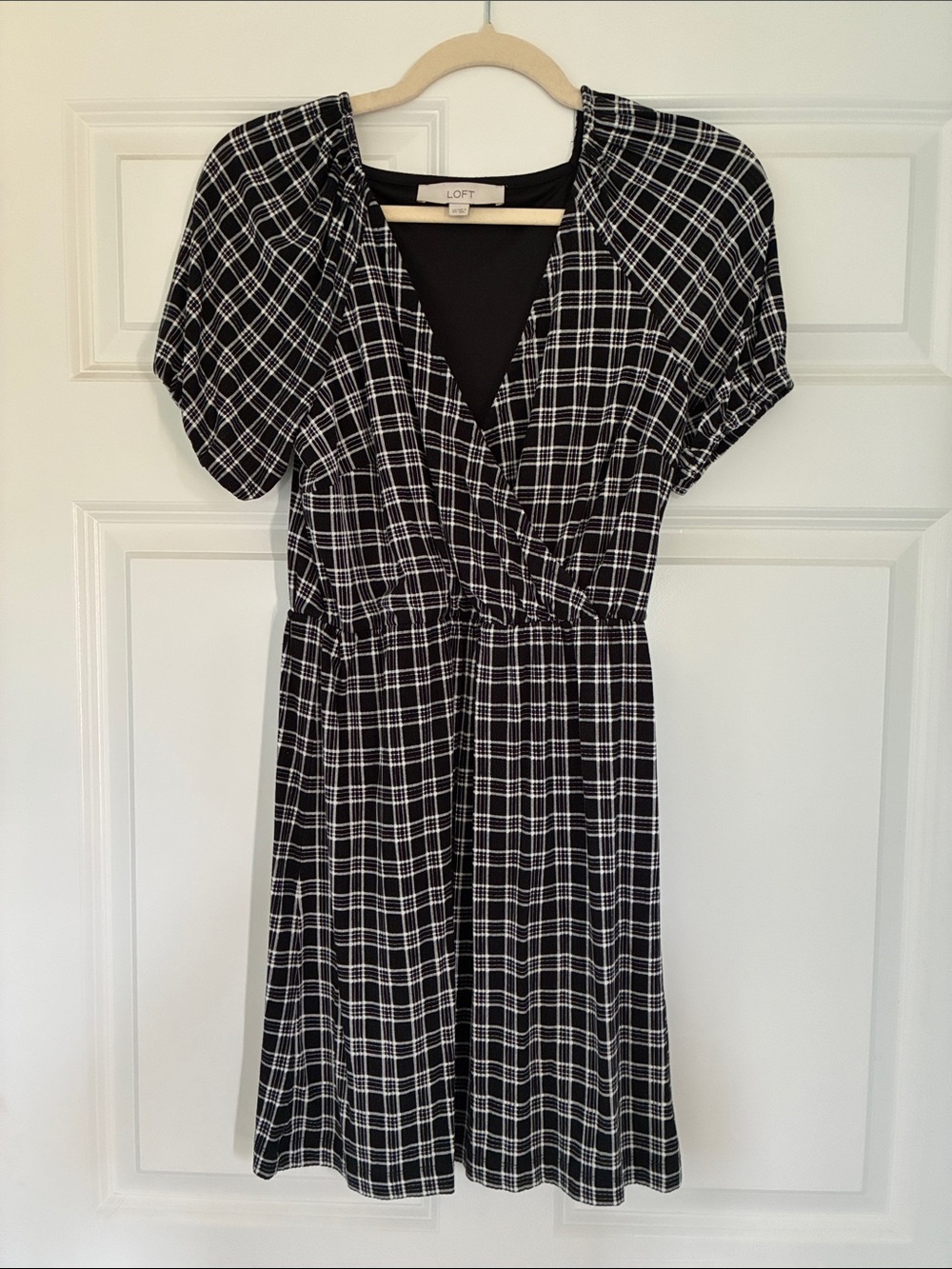 LOFT Black and White Plaid Wrap-Effect Short Dress